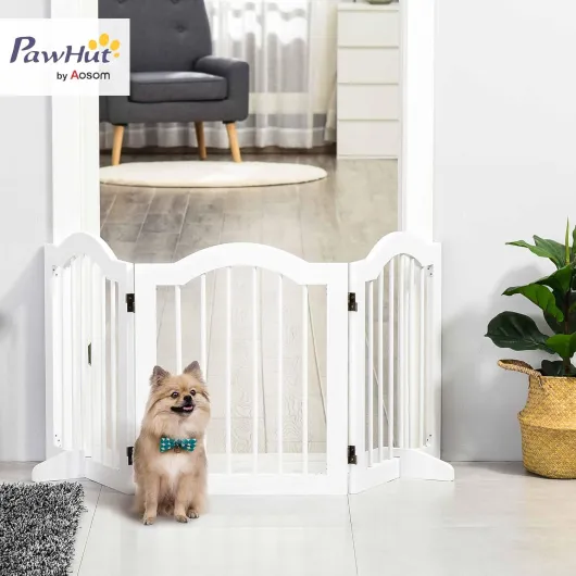 Barrière de sécurité barrière modulable Pliable pour Animaux de Compagnie avec Pied de Support MDF Bois Massif 154,5 x 61 cm Blanc