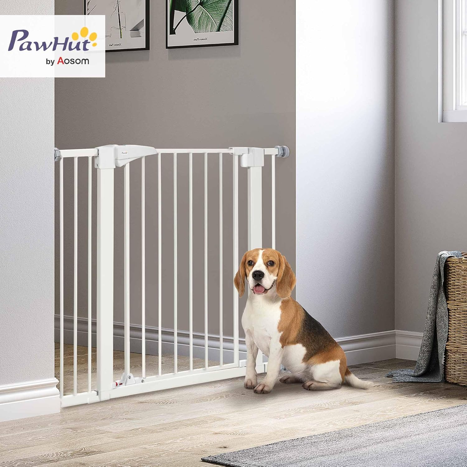 Barrière de sécurité pour Chien Extensible, Largeur 76-103 cm, sans perçage avec Fermeture Automatique et Double Verrouillage, Hauteur 77 cm pour escaliers, couloirs, Blanc