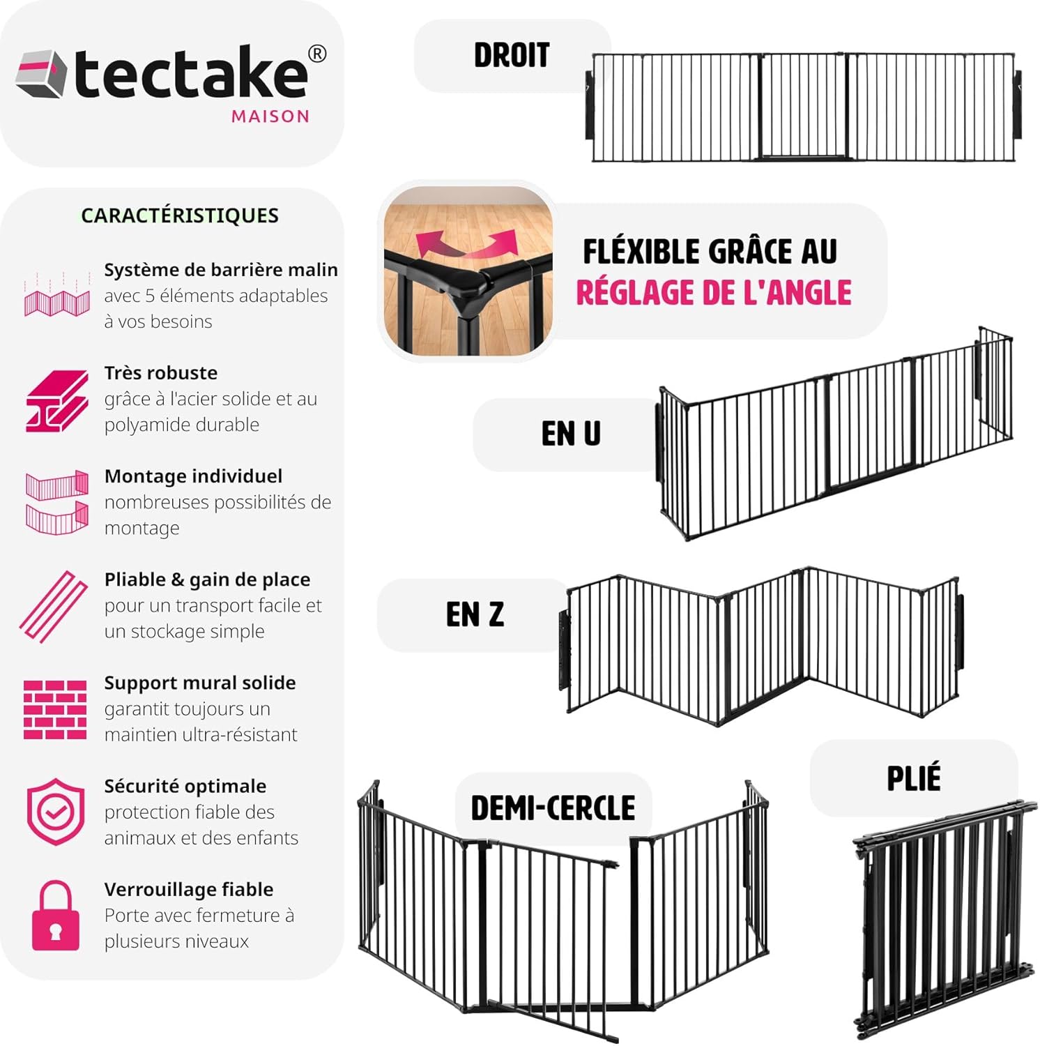 ® Barrière de Sécurité Clôture Cheminée 290 cm pour Enfant Chien Chat Pare-Feu Bébé Barrière escalier Barrière Cage Pare-feu Grille de Protection 5 Panneaux Pliable - Noir