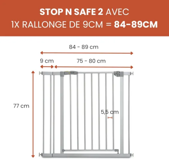 Barriere de Securite Enfant Porte et Escalier et Barriere Chien Stop N Safe 2 incl - Extension de 9 cm, pour Largeur de 84 à 89 cm, Sans Percage - Usage Intérieur, Métal Gris Gris 84 - 89 cm