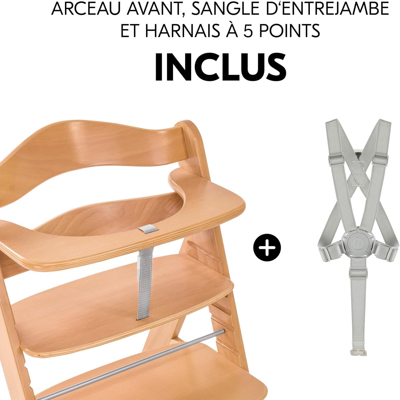 Chaise Haute Bébé Alpha Plus, Évolutive dès 6 Mois, Inclus Harnais 5 Points, Barre de Sécurité, Réglable, Jusqu'à 90 kg, Bois FSC - Nature