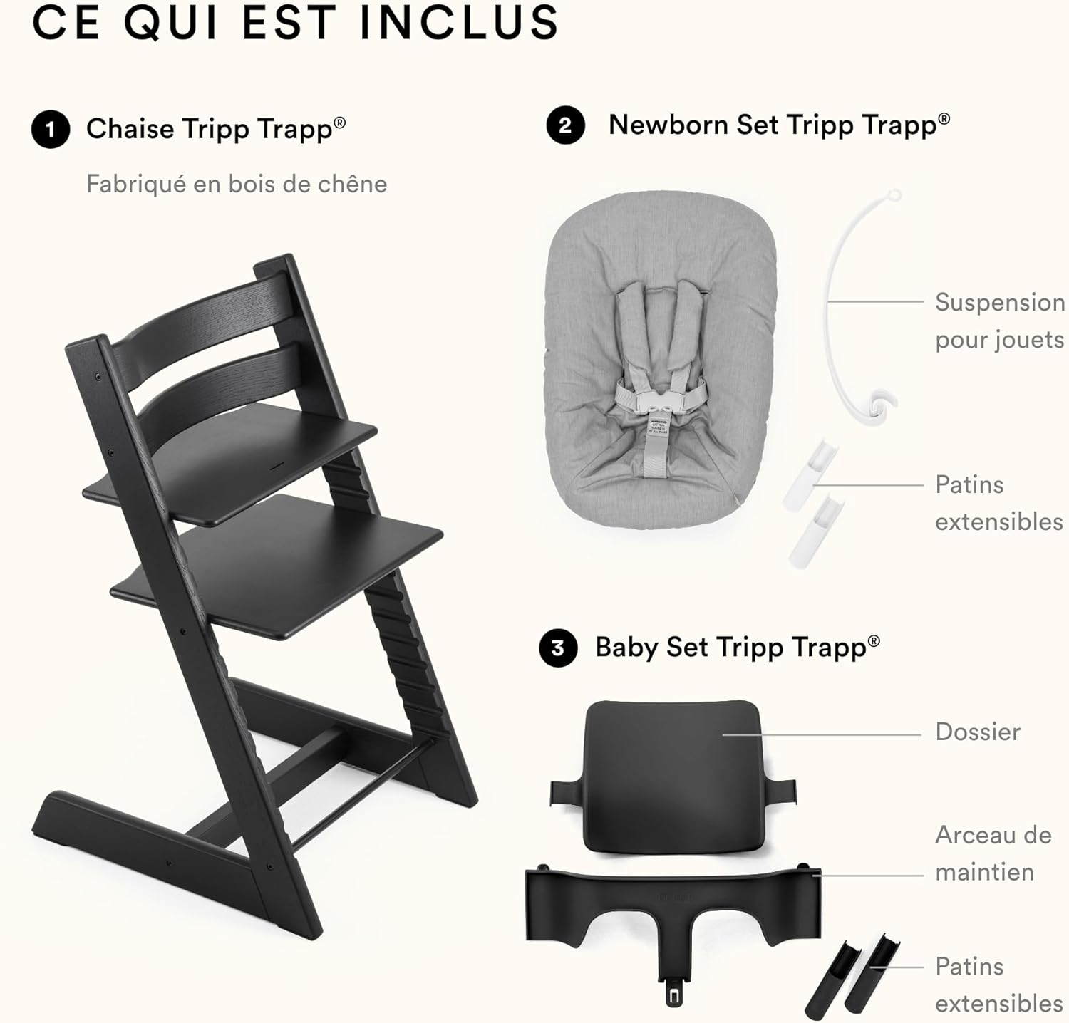 Chaise en Chêne Stokke Tripp Trapp avec Newborn Set & Baby Set, Noir - Conception sûre, Réglable et ergonomique Black
