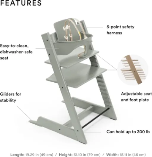 Tripp Trapp Chaise haute Stokke, chaise haute réglable, convertible, pour enfants et adultes, comprend ensemble bébé avec harnais amovible, pour enfants et adultes, pour enfants de 6 à 36 mois, design Chaise haute Vert glacier