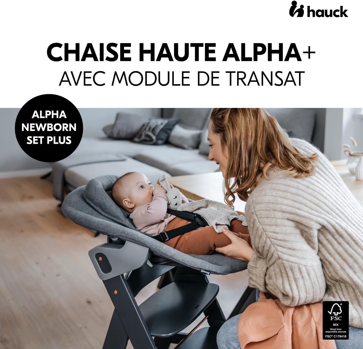 Chaise Haute Bébé Evolutive en Bois Alpha Newborn Set Plus – dès la Naissance, Jusqu’à 90 Kg, Harnais 5 Points, Arceau de Sécurité et Réducteur Nouveau-Né Premium, Gris Foncé Alpha Newborn Set - Dark Grey