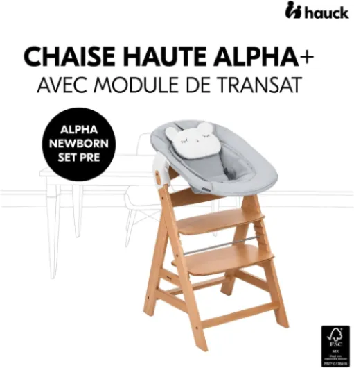 Chaise Haute Bébé Evolutive en Bois Alpha Newborn Set Pre – dès la Naissance, Jusqu’à 90 Kg, Harnais 5 Points, Arceau de Sécurité et Réducteur Nouveau-Né, Naturel Gris Alpha Newborn Set - Nature Grey