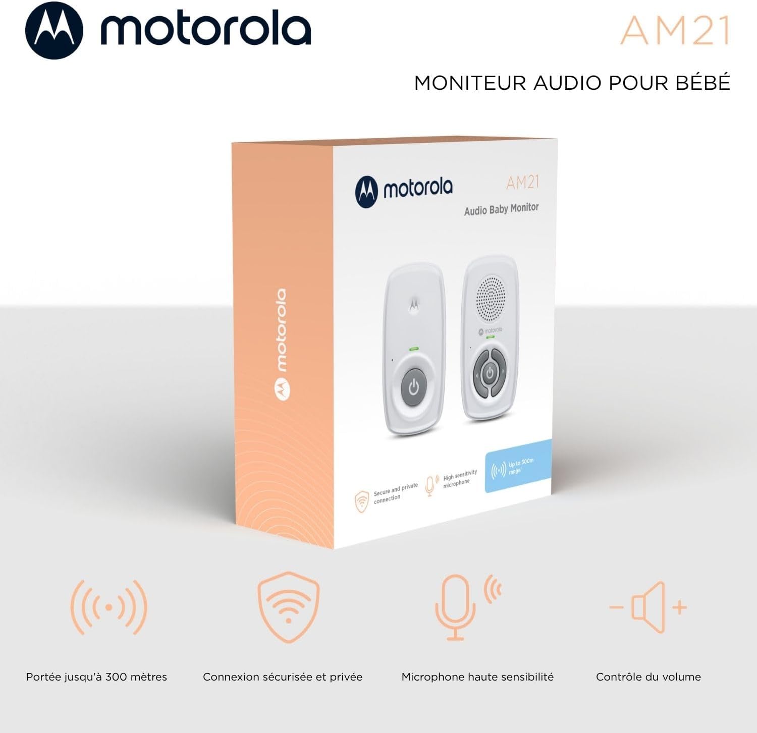 AM21 Audio Baby Monitor - Moniteur numérique avec Technologie DECT pour la Surveillance Audio - Longue portée - Microphone Haute sensibilité - Blanc
