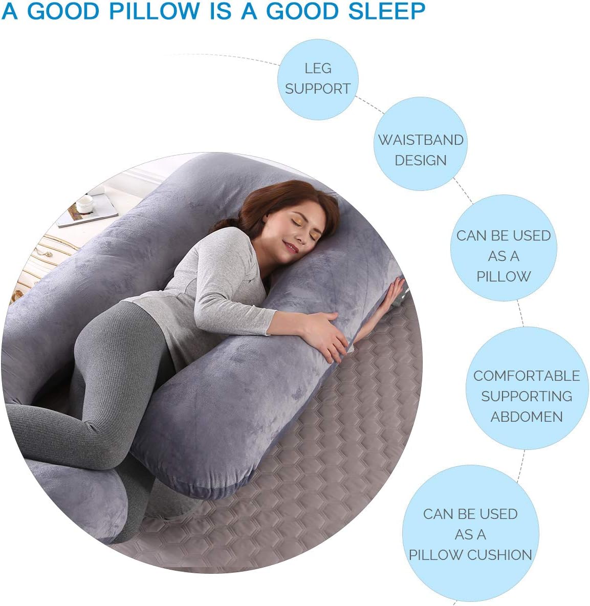 Coussin de Grossesse pour dormir, Coussin d'allaitement,Grand Coussin allaitement en forme de U de maternité avec Housse en Velours remplaçable et Lavable (Gris Foncé-Velours)