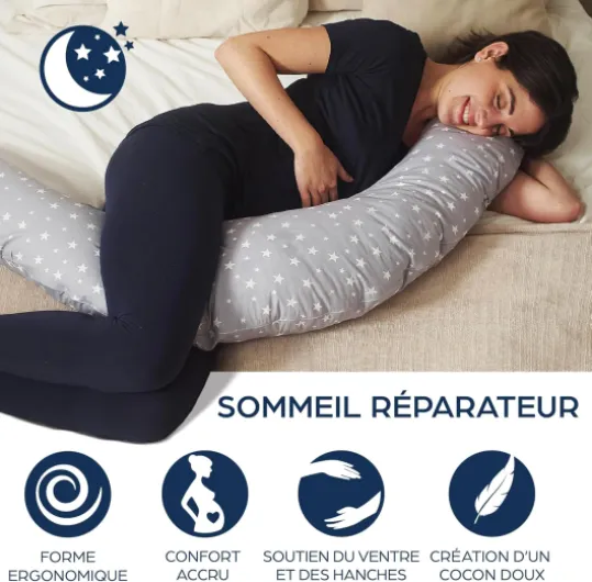 Coussin de Grossesse et d'allaitement XXL - Housse de Coussin Maternité 100% Coton, Distingué par Deux Prix en 2022, Lavable, Coussin d'allaitement Gris-etoiles Blanc Coussin de Grossesse