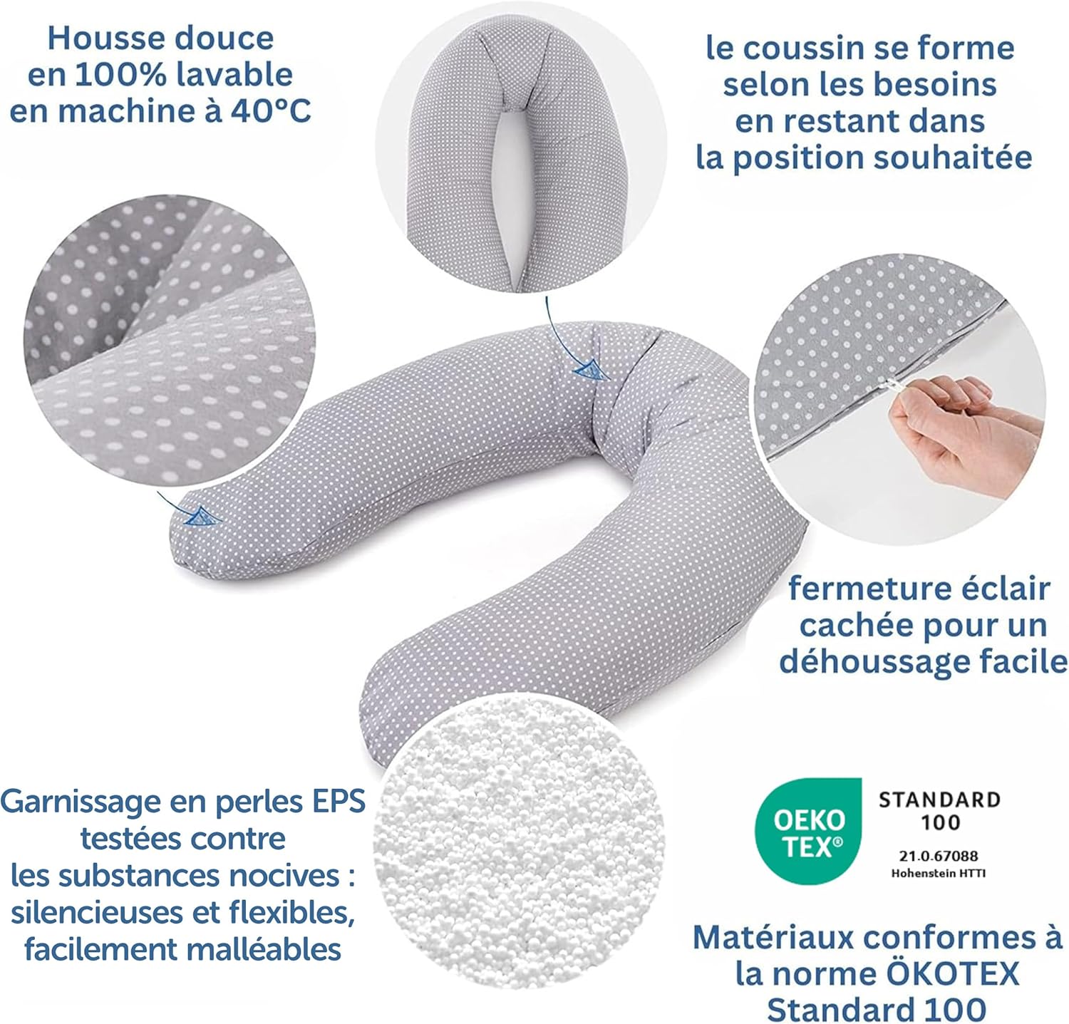 Theraline Coussin Allaitement Dodo Pillow Premium, 180 cm, Housse en 100% Coton, Fines Billes Silencieuses, Déhoussable, Pois Gris