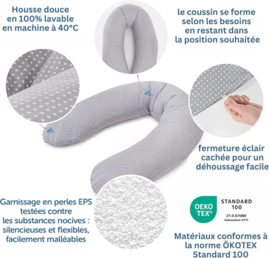 Theraline Coussin Allaitement Dodo Pillow Premium, 180 cm, Housse en 100% Coton, Fines Billes Silencieuses, Déhoussable, Pois Gris