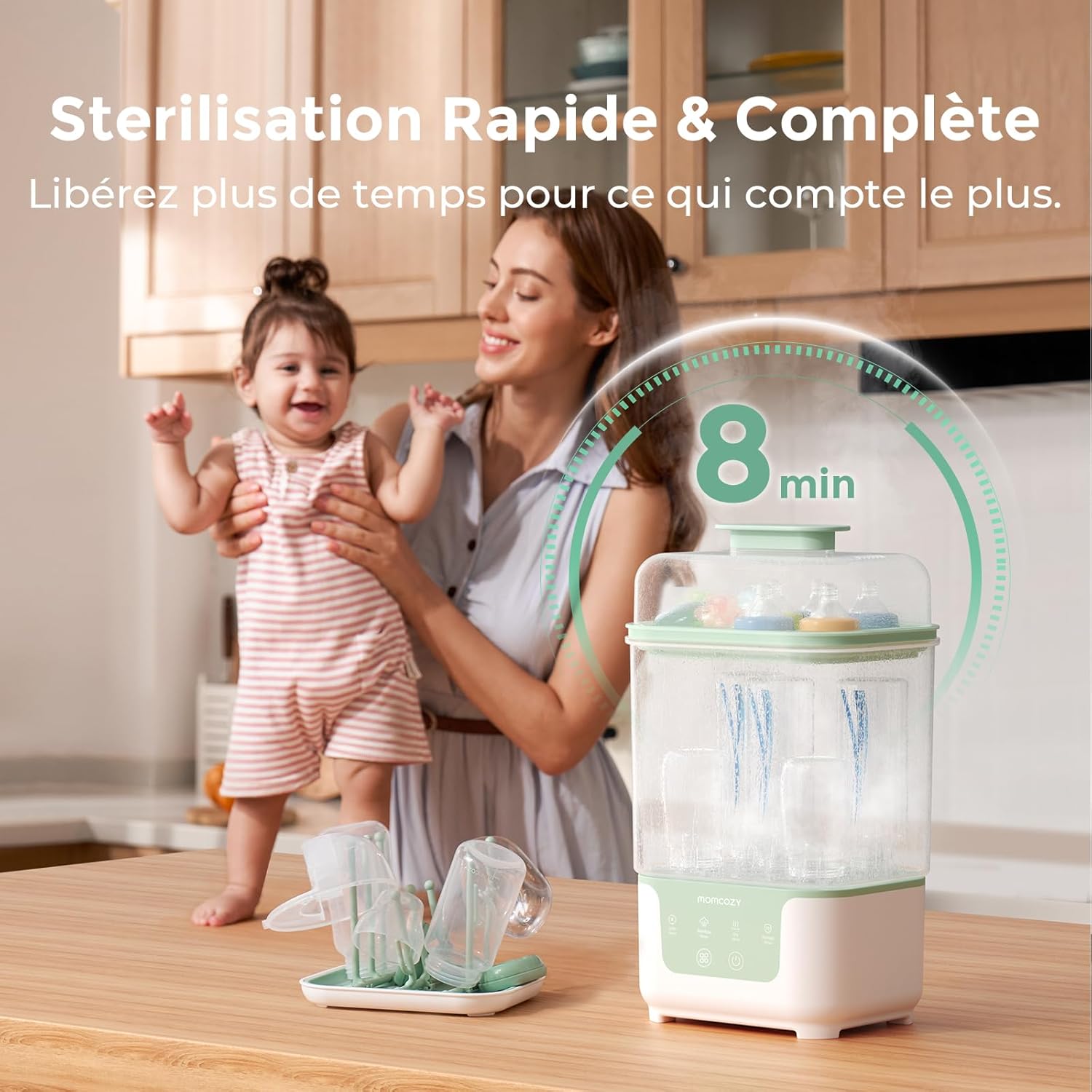 Stérilisateur et Séchoir pour Biberons, Capacité 6 Biberons, Stérilisateur Compact 4 en 1 pour Biberons, Pièces de Tire-Lait et Accessoires Nouveau-Né, Séchoir Inclus