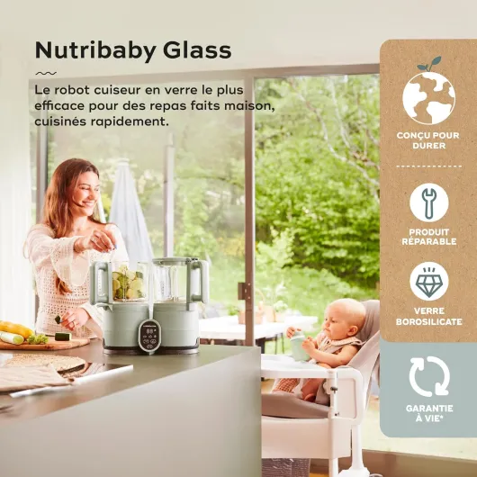 Robot Cuiseur Bébé Nutribaby Glass - Bols en Verre - 4 en 1 Mixeur Cuiseur Vapeur, Grande Contenance 1,9L, Cuisson Saine des Aliments, Vert Celadon