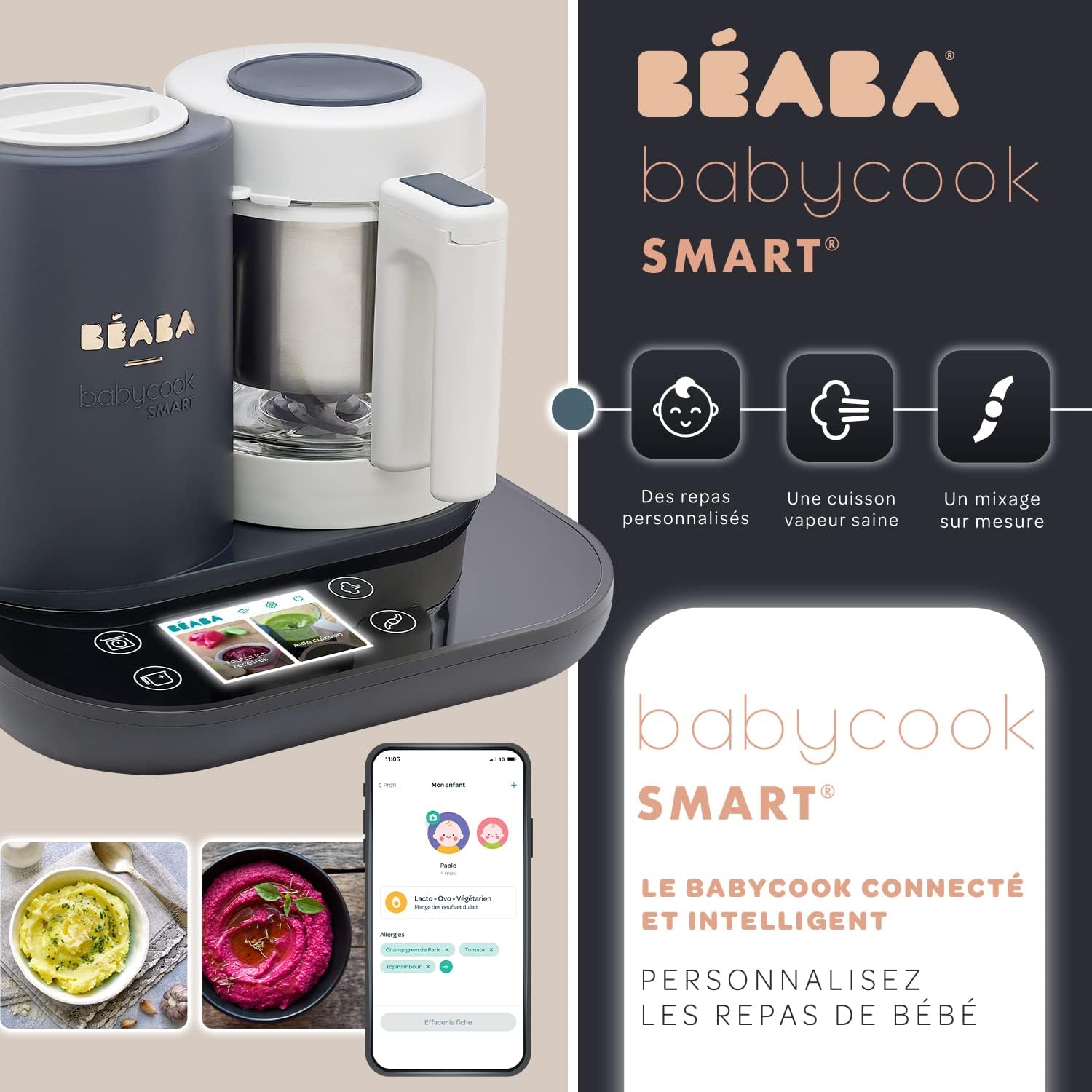 BÉABA - Babycook Smart - Robot Cuiseur Mixeur Bébé Connecté - Balance Intégrée - Bol en Verre - Panier Inox - Large Capacité 2.25L- Cuisson Vapeur Douce- Ecran Tactile/Application dédiée - Anthracite Gris Anthracite