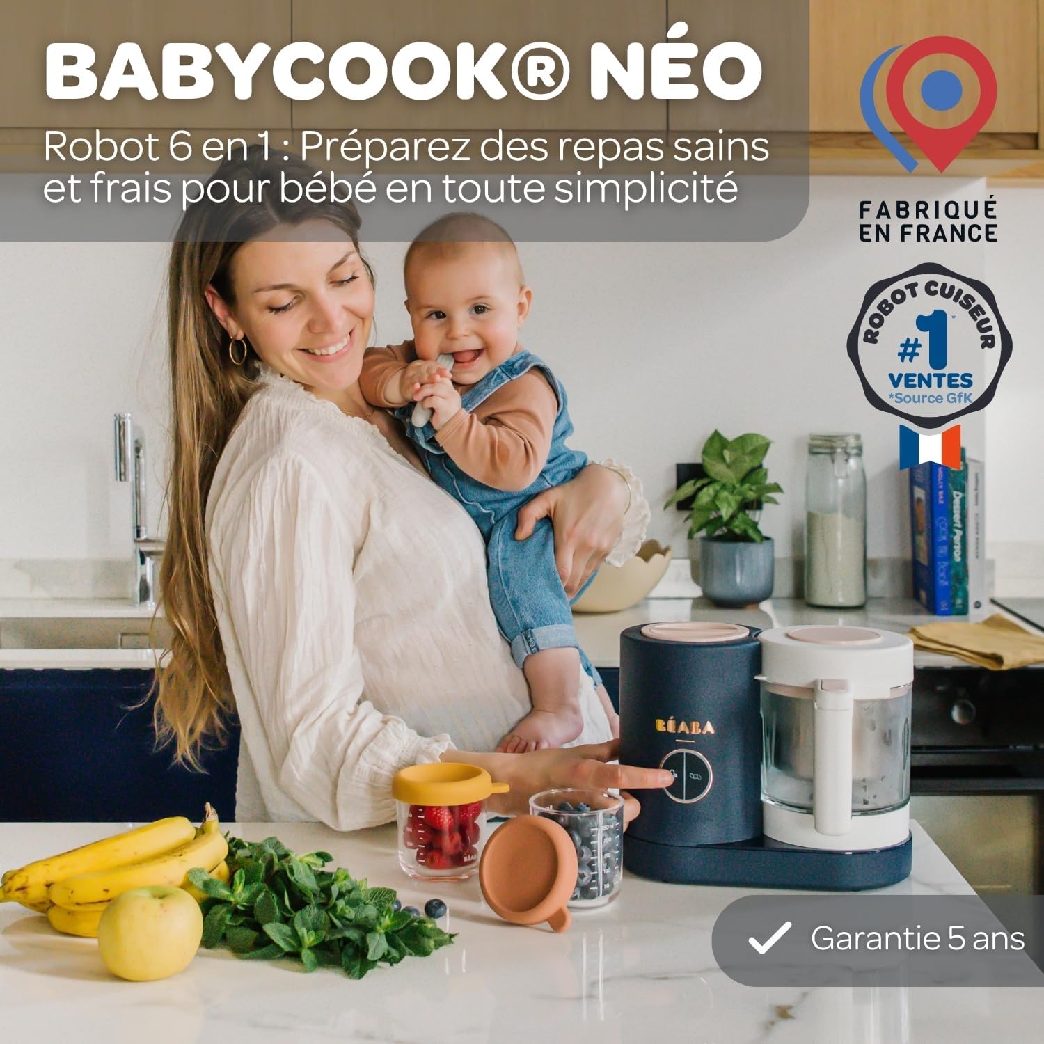 BÉABA - Babycook Néo - Robot Bébé Made in France - Mixeur-Cuiseur - Bol en Verre et Cuve Inox - Diversification alimentaire - Petits pots bébé maison - Cuisson Vapeur Douce Rapide - Night Blue Babycook Neo Bleu Nuit
