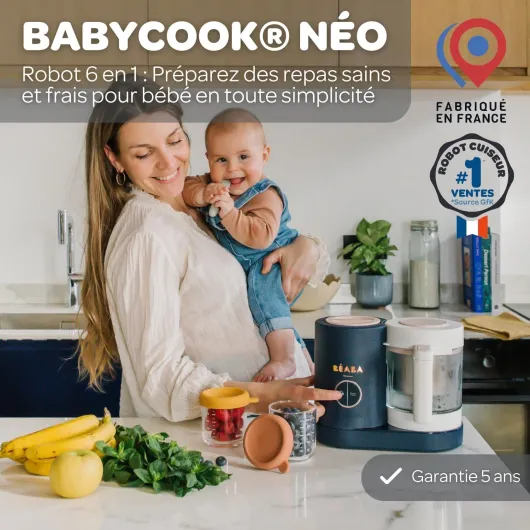 BÉABA - Babycook Néo - Robot Bébé Made in France - Mixeur-Cuiseur - Bol en Verre et Cuve Inox - Diversification alimentaire - Petits pots bébé maison - Cuisson Vapeur Douce Rapide - Night Blue Babycook Neo Bleu Nuit