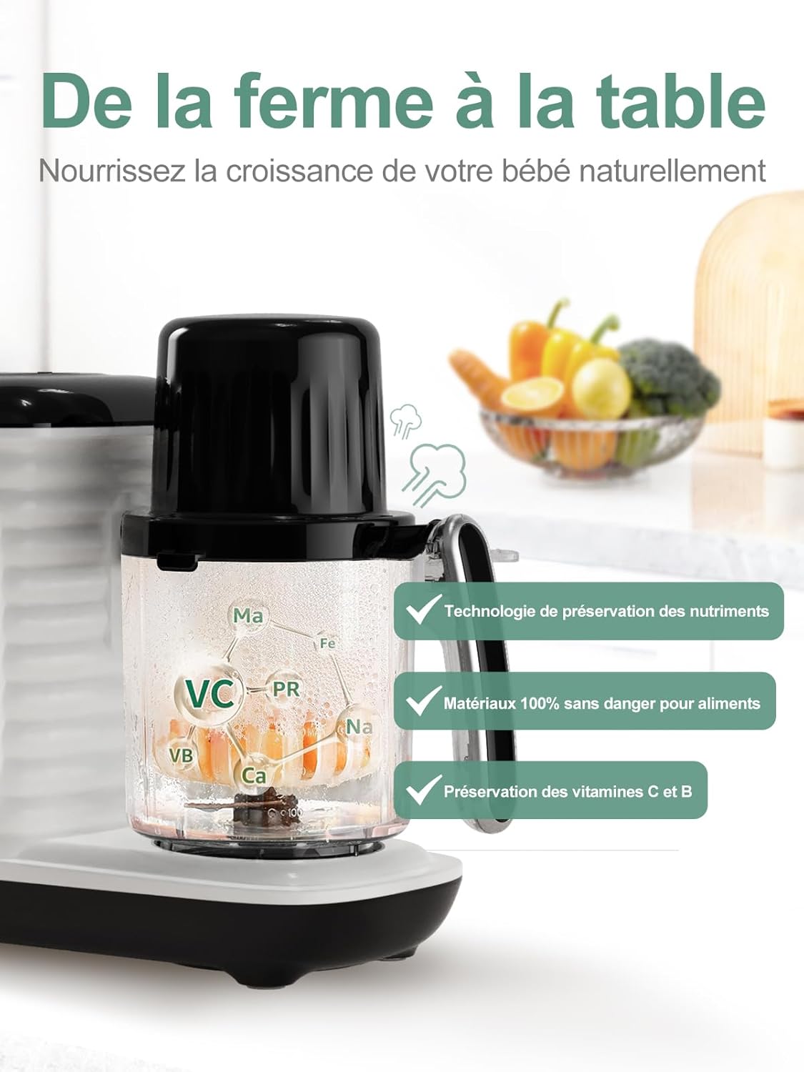 Cuiseur Mixeur Multifonctions, Robot Cuiseur Multifonctions, Cuisson Vapeur Rapide 15min, Mixeur, Blender bebe, Réchauffe, Décongèle, Puree bebe, Petits Pots pour Bébé, Baby Food Maker Noir