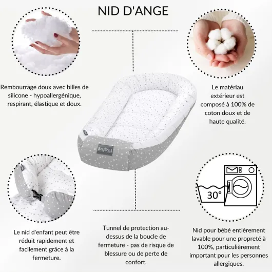 Bellochi Reducteur de Lit Bebe, Cale Bebe pour Lit, Cocon Bebe - 100% Coton, 0-12 Mois - Nid de Bebe, Baby Nest - 90 x 60 cm - Polaris