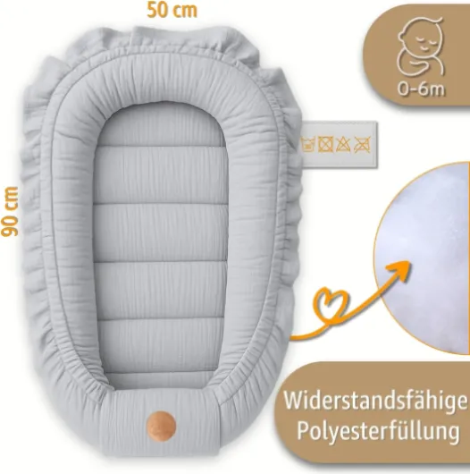 Mousseline Réducteur de Lit Bébé 90x50cm en Coton Cocon polyvalent pour Nid d'Ange Couffin et Naissance pratique et léger idéal pour le transport parfait pour filles et garçons Gris Gris Nid de bébé avec volant