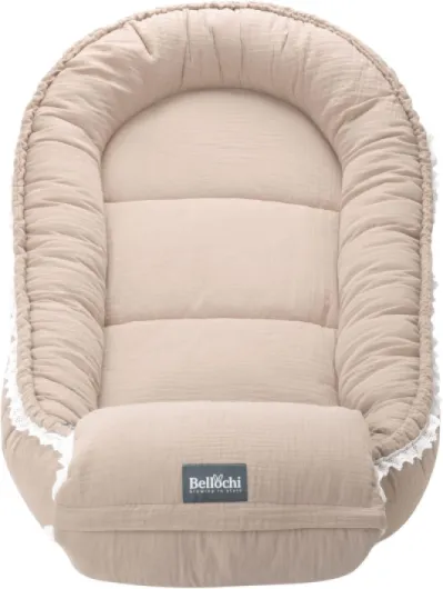 Bellochi Reducteur de Lit Bebe avec Coussin d'allaitement, Cale Bebe pour Lit, Cocon Bebe – Mousseline - 0-12 Mois - Nid de Bebe, Baby Nest - 90x60 cm - Cuddly Muslin Beige