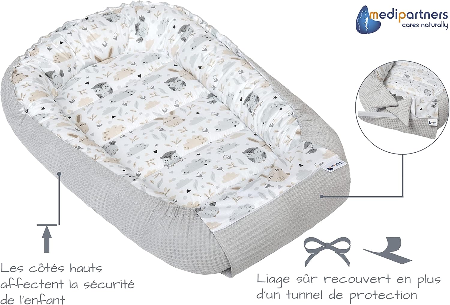 Reducteur de Lit Bebe - Réducteur Bébé 100x60x15cm Cocon et Naissance couffin Nid d'ange 100% Coton Gaufre (Glade avec Gaufre Grise) 1 - Glade avec Gaufre Grise