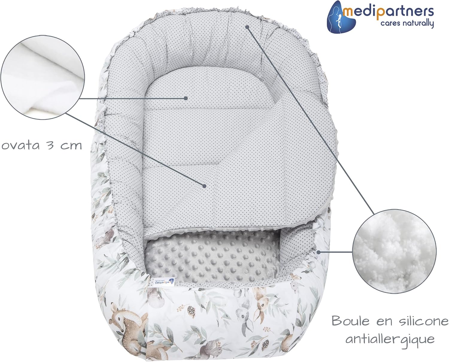 Reducteur de Lit Bebe - Réducteur Bébé 100x60x15cm Cocon et Naissance couffin Nid d'ange bilatéral Cale 100% Coton Minky (Cerf en Feuilles avec Minky Gris) Cerf en Feuilles avec Gris Minky Cocon bébé avec insert amovible