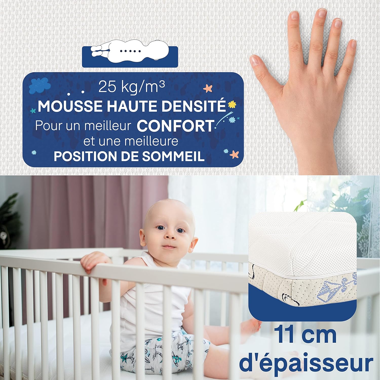 Matelas Bebe 60x120 certifié en 16890+A1, Oeko TEX, Made in Europe Deux Faces : Été et Hiver - Matelas Premium de 11cm de Hauteur 60 x 120 cm