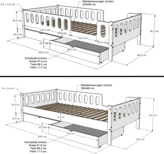 Lars Lit Enfant 90x200 cm Blanc Barriere de Protection Amovible avec 2 Tiroir, 40 kg de Poids, Supporte jusqu'à 150 kg, Sommier à Lattes de Qualité sur roulettes, Convertible en Lit pour Adolescents - 90 x 200 cm Blanc - avec Tiroir - Sans Matelas