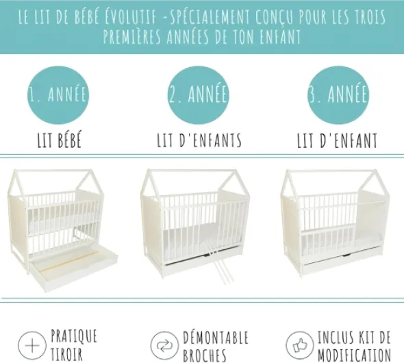 Kids Collective Lit d'appoint pour bébé - 120 x 60 cm - Blanc - avec tiroir - Réglable en Hauteur et Transformable 65L x 122l x 118H cm Blanc