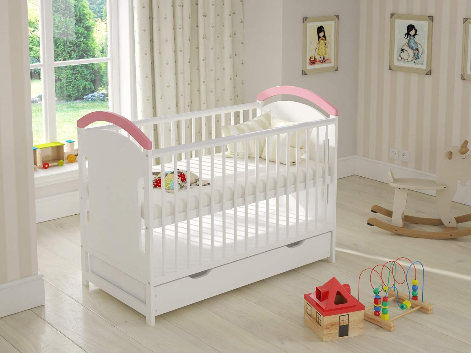 Lit Bébé Évolutif en Bois Rose 120x60 cm avec Barrière de Sécurité et Protections en Silicone – Lit Transformable pour Fille ou Garçon – Modèle Amie