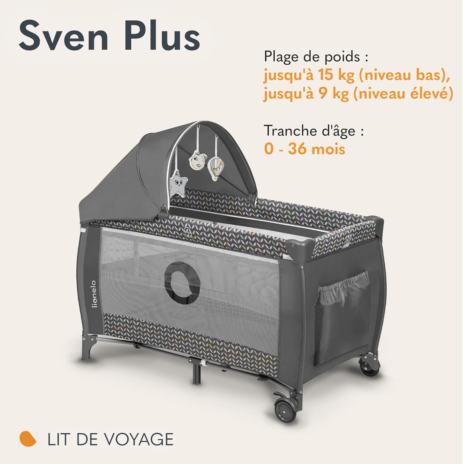 Sven Plus boîte 2 en 1 lit bébé, Table à Langer, Jouets, baldaquin Suspendu avec moustiquaire, entrée latérale supplémentaire Rouleaux, Mobiles, système LockGuard Gris 1 Unité (Lot de 1)