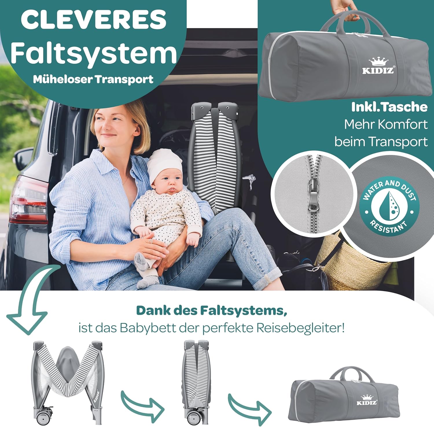 KIDIZ® Lit pour bébé - Lit de Voyage 3 en 1 - Set de lit pour bébé avec Matelas à Langer combiné - avec moustiquaire - Parc pour bébé de la Naissance à 15 kg, Pliable, Gris Grau