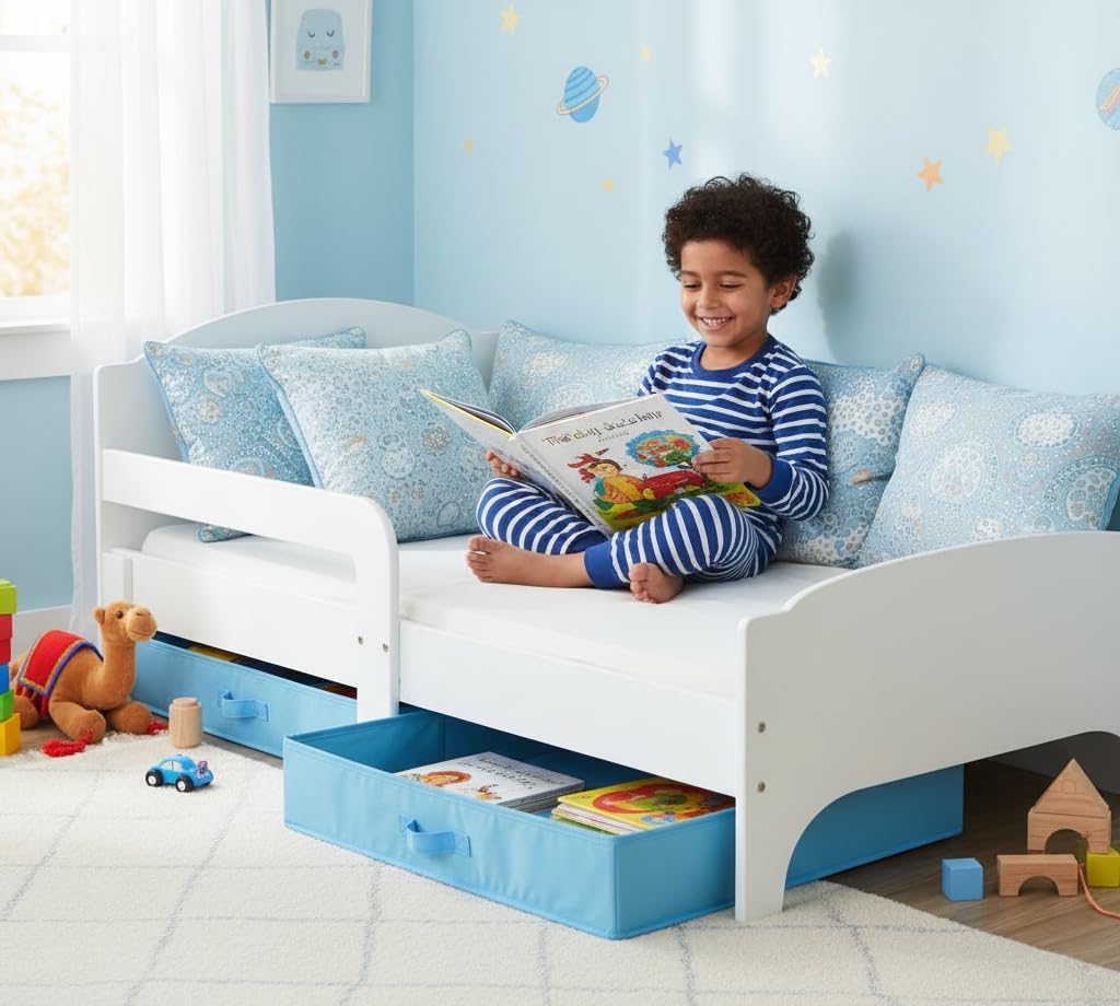 Moderne Smart Lit d'Enfant Toddler 140x70 Couleur Blanche Confortable Fonctionnel Lit Simple Avec Un Tiroir Lit Pour Enfant Avec Rangement et Matelas (140x70 cm) Grand Tiroir En Textile 2 Pièces