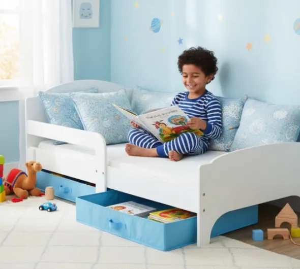 Moderne Smart Lit d'Enfant Toddler 140x70 Couleur Blanche Confortable Fonctionnel Lit Simple Avec Un Tiroir Lit Pour Enfant Avec Rangement et Matelas (140x70 cm) Grand Tiroir En Textile 2 Pièces