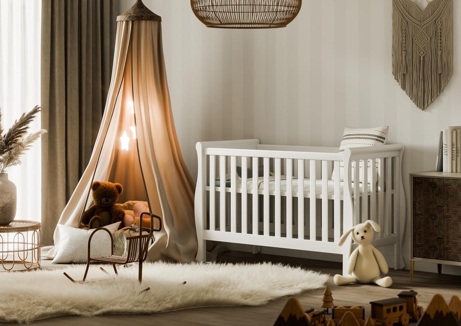 Lit bébé Gala 120x60 cm – Élégant lit Enfant Blanc avec barrière Amovible – Convertible en lit de Jour, en Bois de pin et MDF de Haute qualité, idéal comme lit bébé & lit à barreaux