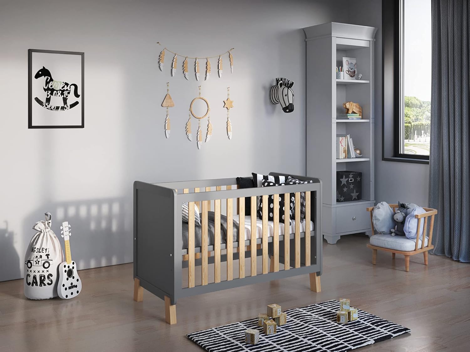 Lit Bébé Évolutif en Bois 120x60 cm Blanc Francis avec Matelas en Mousse Aloe Vera – Lit Enfant Fille ou Garçon Pin-gris avec matelas