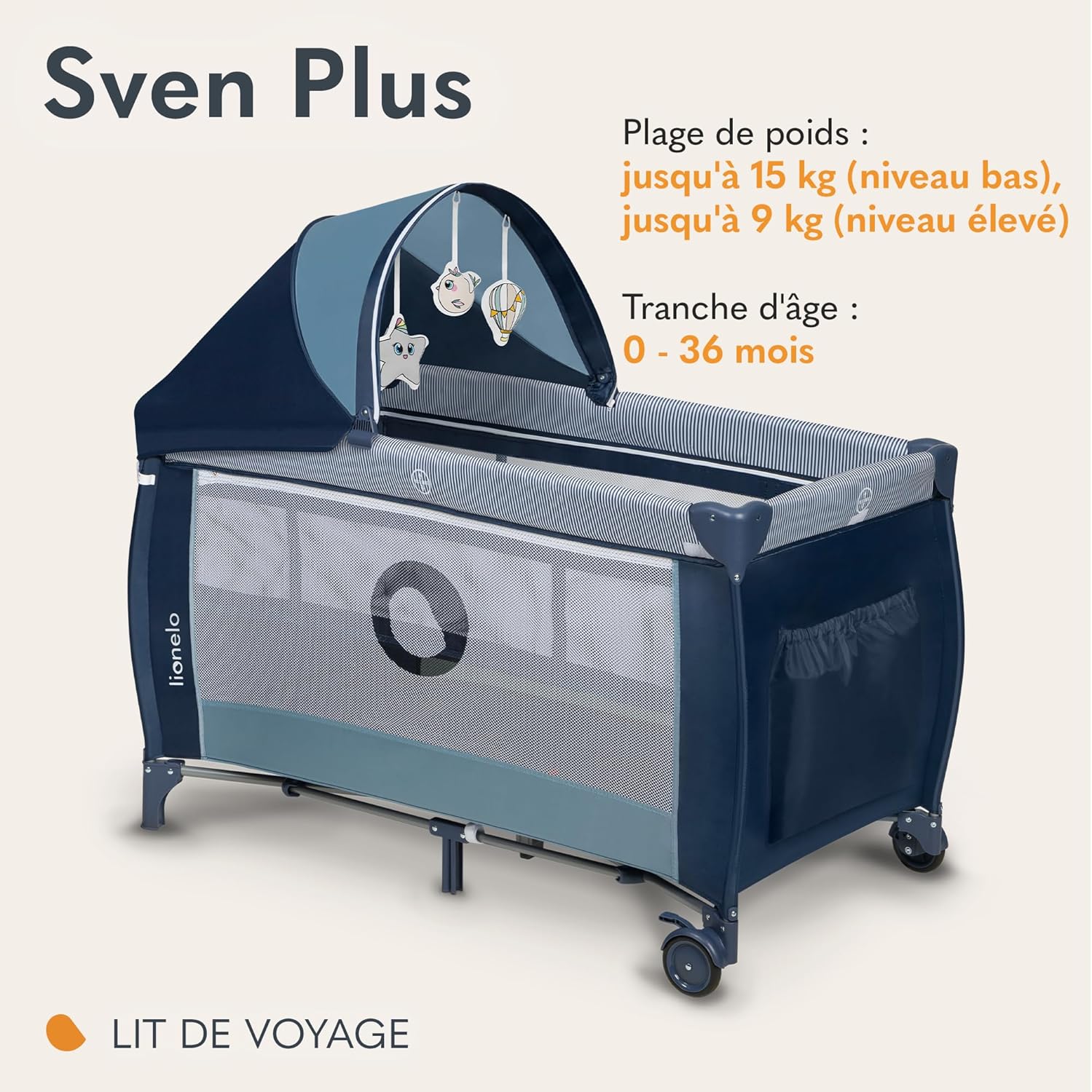 Sven Plus boîte 2 en 1 lit bébé, Table à Langer, Jouets, baldaquin Suspendu avec moustiquaire, entrée latérale supplémentaire Rouleaux, Mobiles Bleu Marine 1 Unité (Lot de 1)