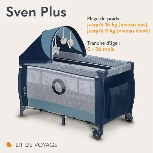 Sven Plus boîte 2 en 1 lit bébé, Table à Langer, Jouets, baldaquin Suspendu avec moustiquaire, entrée latérale supplémentaire Rouleaux, Mobiles Bleu Marine 1 Unité (Lot de 1)