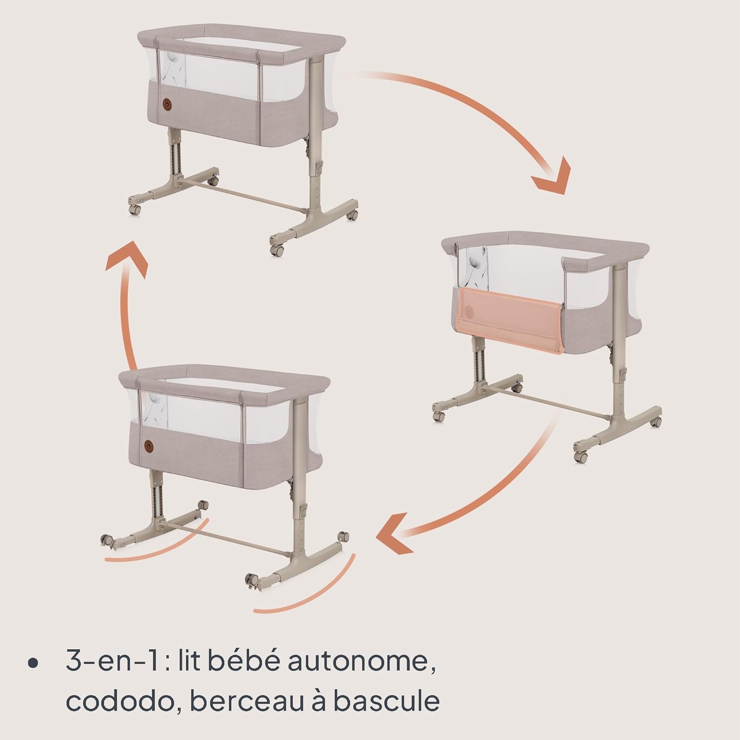 Aurora 3 en 1 Lit bébé jusqu'à 9 kg Cododo, Berceau Réglage de la Hauteur et de l’Inclinaison du Matelas 4 roulettes avec Freins Matelas Ergonomique Sac (Beige) Beige Lit bébé