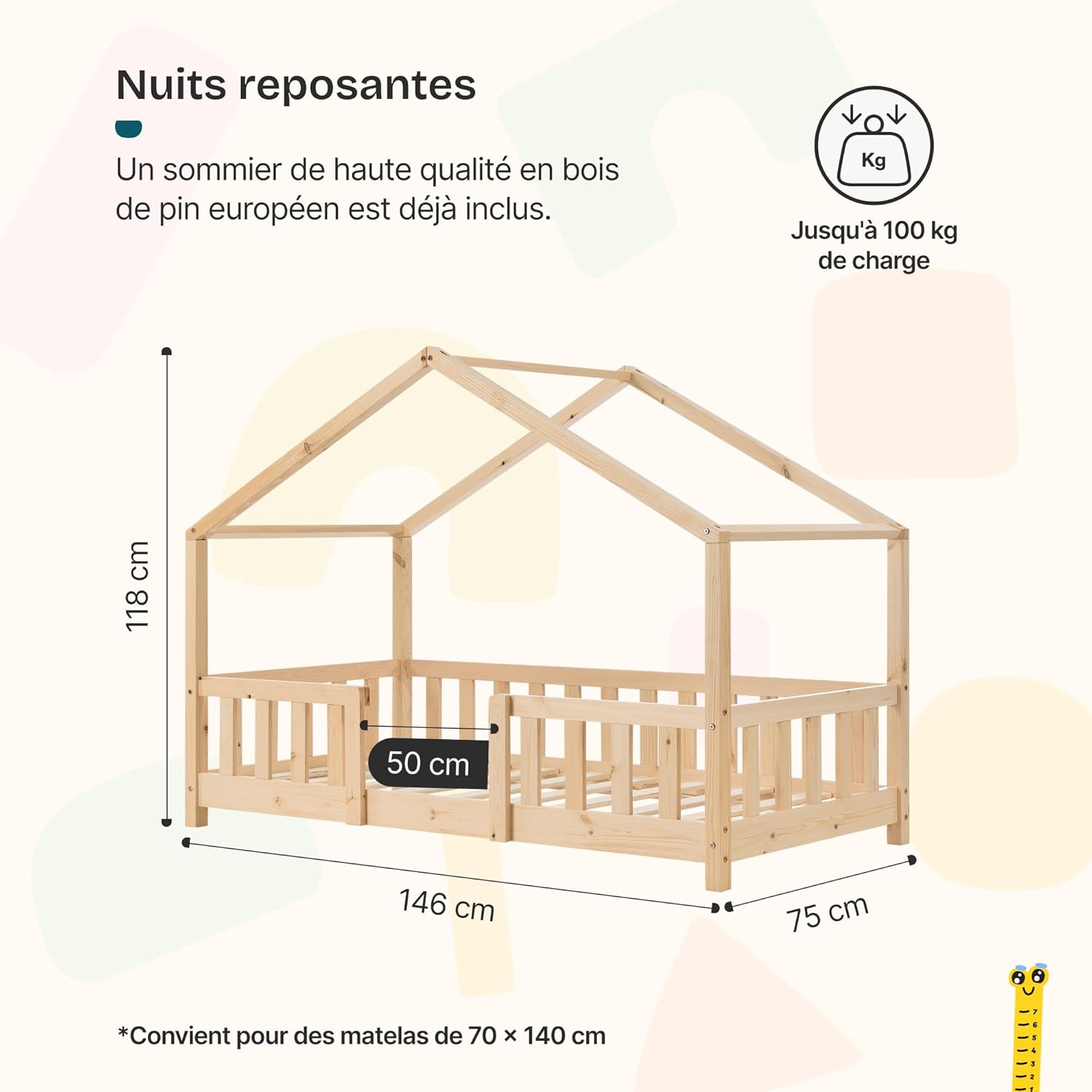 [en.casa] Lit d'enfant Design en Forme Maison avec Grille de Protection Construction Solide Capacité de Charge 50 kg Bois de Pin Contreplaqué 140 x 70 cm Bois Naturel Bois Naturel 70 x 140 cm