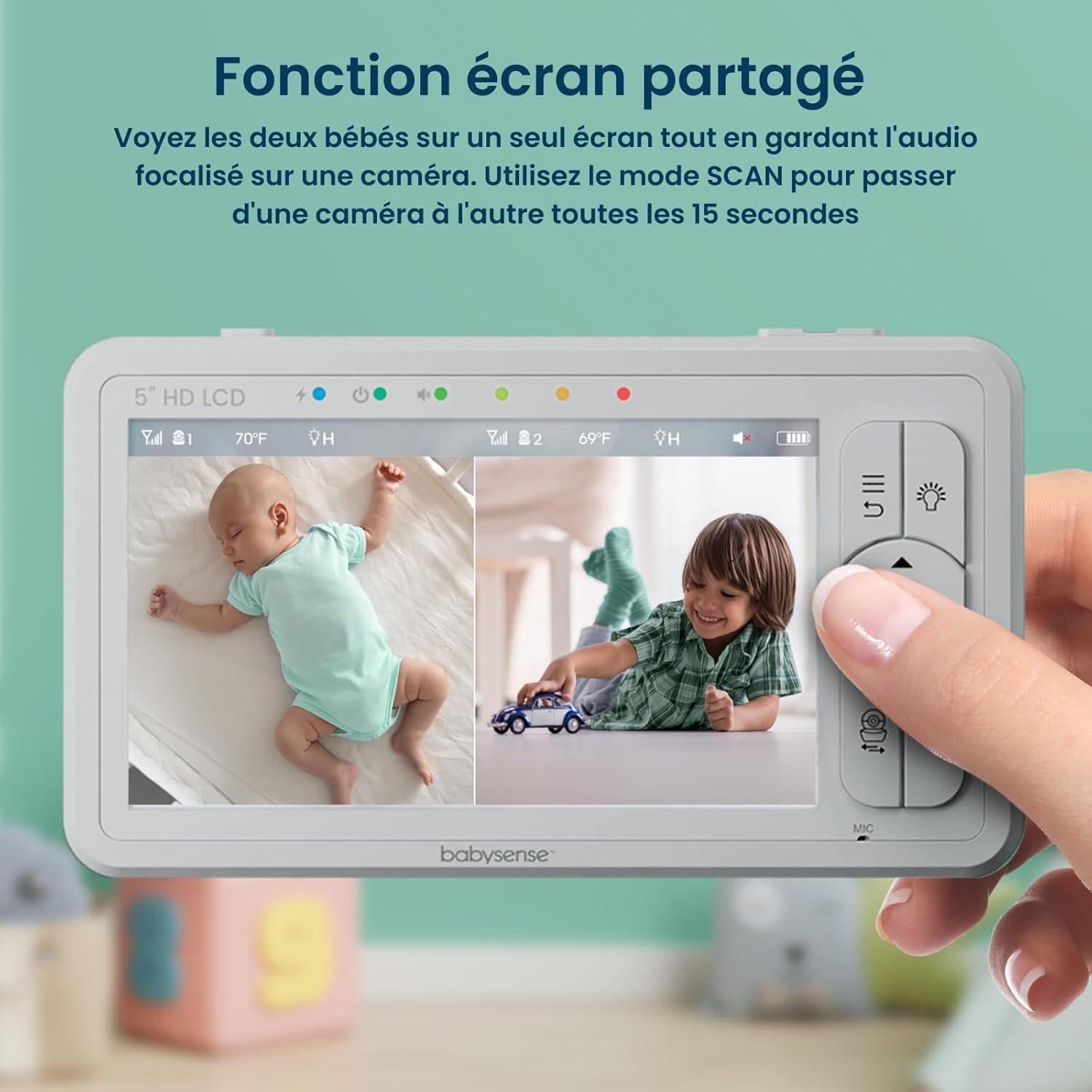 Moniteur HD Vidéo pour Bébé - Babyphone avec Écran Divisé 5“ et 2 Caméras 720p, Conversation Audio Bidirectionnel, Longue Portée, Veilleuse Réglable, Vision Nocturne, Berceuses 2 Pack