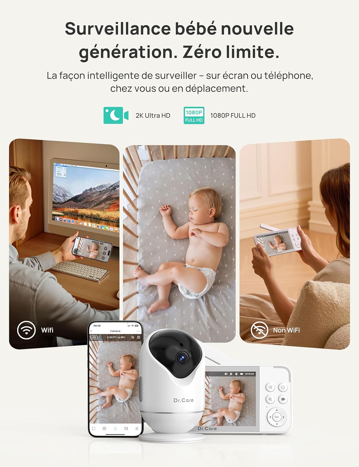 Dr.Care Babyphone 5" Écran Divisé, Caméra 2K, Wi-FI & Mode Local, Détection Mouvements & Suivi Personnes, Détection Pleurs & Température, App iOS/Android, Vision Nocturne HDR, Batterie 5000mAh