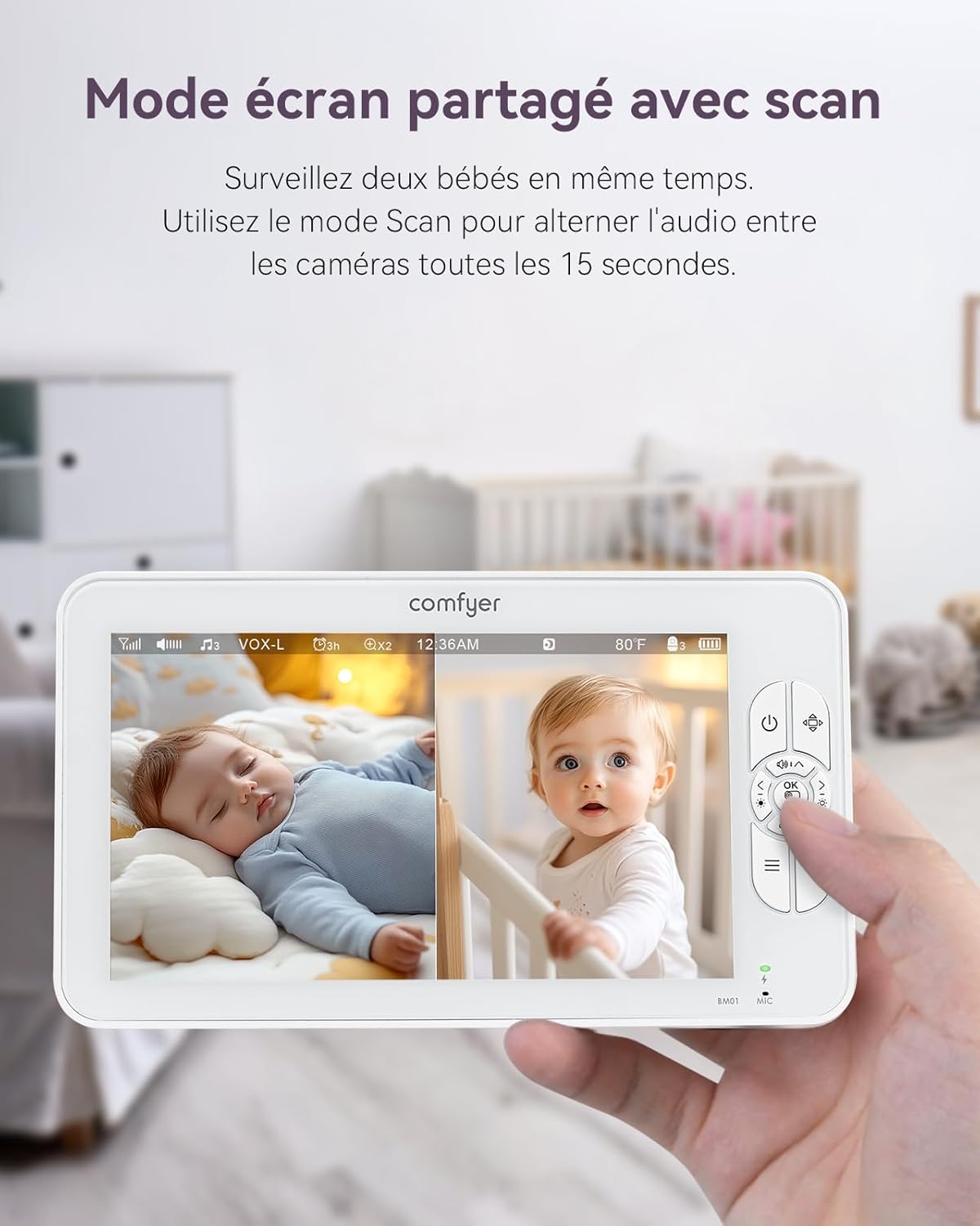 Babyphone 2 Caméras 1080P, 7″ Écran Divisé, Moniteur Bébé sans WiFi, PTZ à Distance, Vision Nocturne, Audio Bidirectionnel, Batterie 6000 mAh, Mode VOX, Support Flexible, Berceuses 7''720P Display avec 2 1080P Camera