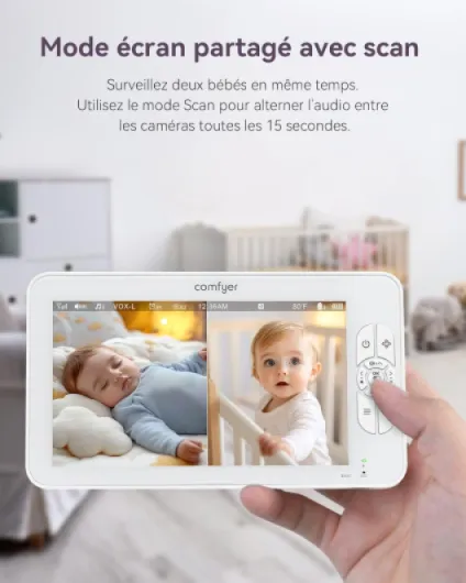 Babyphone 2 Caméras 1080P, 7″ Écran Divisé, Moniteur Bébé sans WiFi, PTZ à Distance, Vision Nocturne, Audio Bidirectionnel, Batterie 6000 mAh, Mode VOX, Support Flexible, Berceuses 7''720P Display avec 2 1080P Camera
