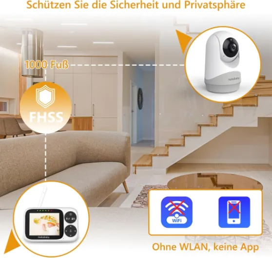 HelloBaby Babyphone Camera avec caméra pour bébé, écran IPS 3,2", Babyphone sans WiFi, Vision Nocturne, panoramique, Inclinaison et Zoom Alarme de Berceuse, portée de 300 m, Camera Bebe Surveillance HB6233