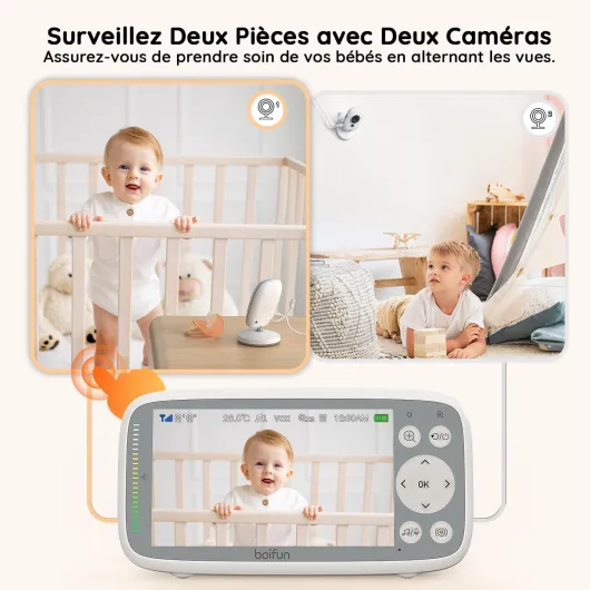 4'' Babyphone 2 Cameras Bebe Surveillance sans WiFi, Vision Nocturne Infrarouge Invisible, HD 720P, Interphone Bidirectionnel, Berceuses, Détecteur Température/Son, Zoom 3X, Rappel de Biberon Moniteur et Deux Caméras
