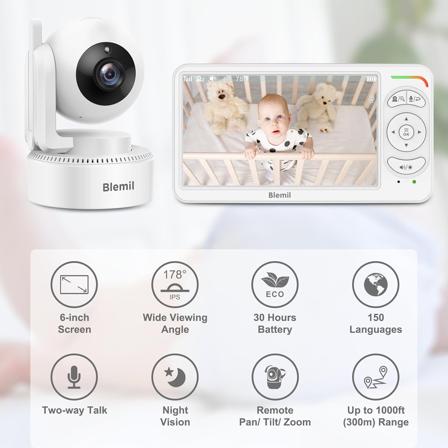 Baby Monitor avec caméra et Audio, écran IPS de 6 Pouces, sans WiFi, Batterie de 30 Heures, Eco, Vision Nocturne, Appel bidirectionnel, vidéo de Voyage Baby Monitor Portable BL9064