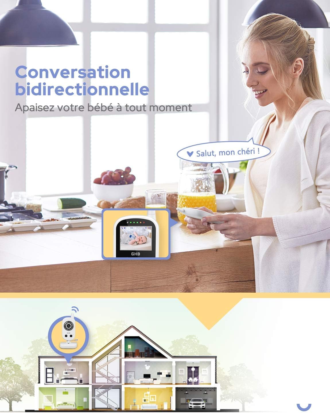 Babyphone Caméra Bébé Moniteur 2,4 inches LCD Babyphone Vidéo Bébé Surveillance 2,4 GHz Capteur de Température Communication Bidirectionnelle Vision Nocturne 480P