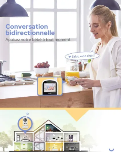 Babyphone Caméra Bébé Moniteur 2,4 inches LCD Babyphone Vidéo Bébé Surveillance 2,4 GHz Capteur de Température Communication Bidirectionnelle Vision Nocturne 480P
