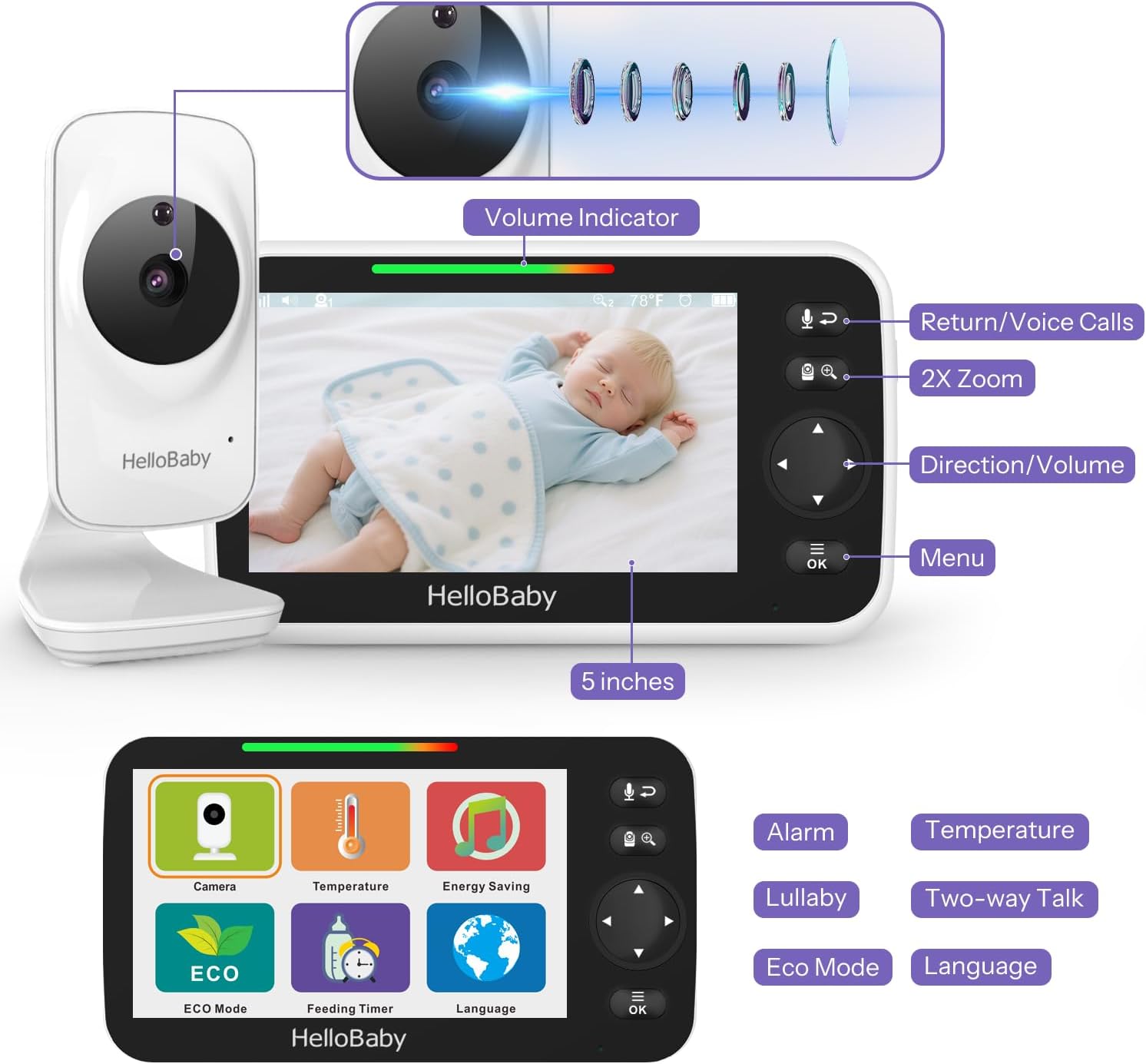 HelloBaby babyphone caméra,29 Heures de Batterie Babyphone Caméra Bébé, 355°/120° Caméra PTZ Longue Portée,Eco,Affichage de l'heure, Conversation Bidirectionnelle, Jusqu'à 1000 Pieds (HB50)