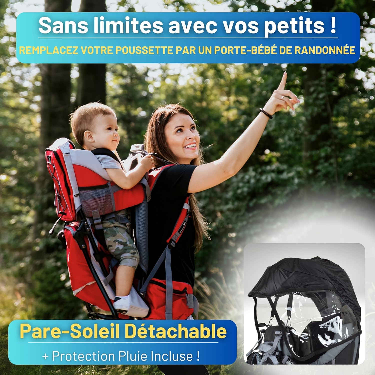 Porte-Bébé Randonnée - Sac à Dos Porte Bebe Confortable Dorsal jusqu'à 22kg avec Pare-Soleil, Protection Pluie, Poche Isolante, Matelas à Langer - Cadre Pliable à Une Main - Rouge